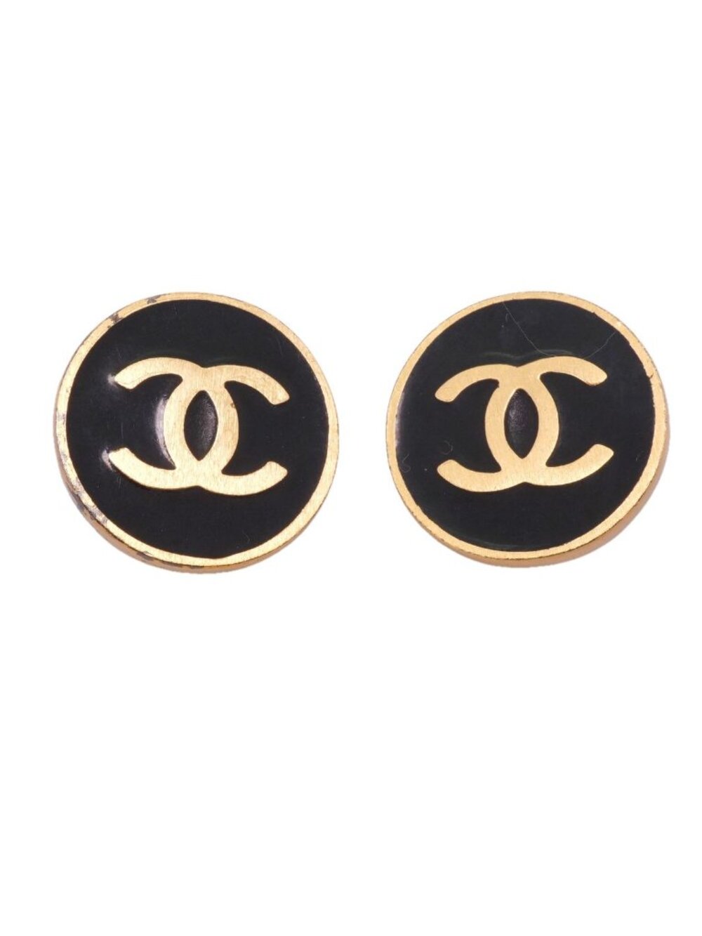 Chanel Earrings Vintage CC Logo Round Circle Gold Plated Black